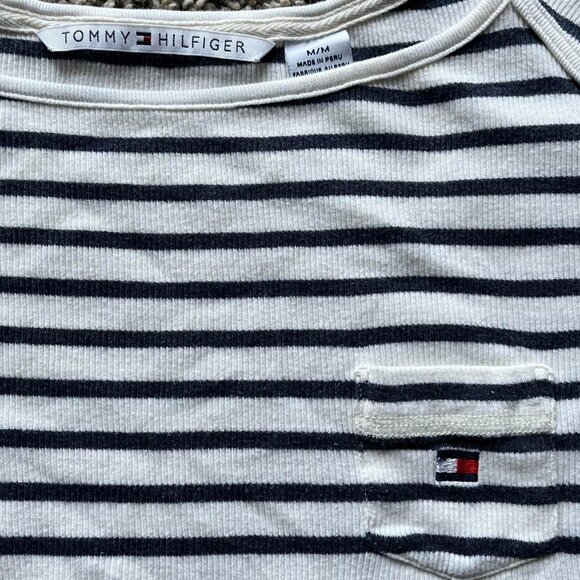 Tommy Hilfiger Shirt Women Medium White Navy Striped Baby Tee Soft Girl Babydoll - Picture 2 of 8
